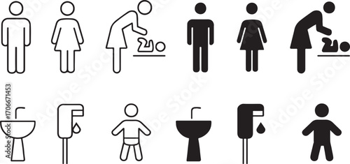  Public restroom outline icons and fill icons – male, female, baby changing, sink, soap dispenser, toilet symbols.eps