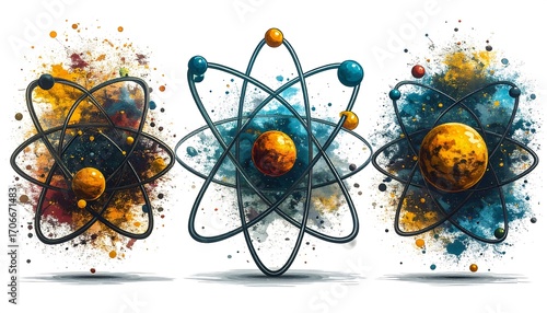 Three stylized atom illustrations with textured backgrounds