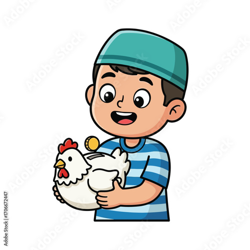 Cheerful Muslim boy in a kufi cap putting a coin into a chicken-shaped piggy bank, teaching kids about saving money and financial literacy. Cartoon vector illustration