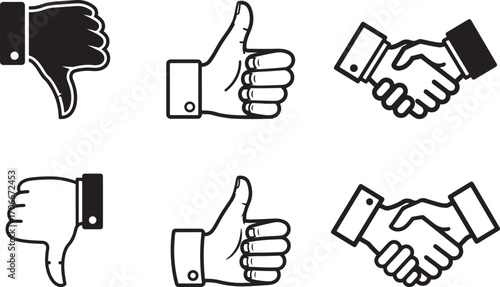 Collection of Thumbs Up, Thumbs Down, and Handshake Communication Icons
