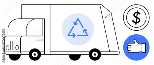 Recycling truck with a blue eco recycling icon, dollar sign for cost-effectiveness, and thumbs-up for approval. Ideal for sustainability, logistics, waste management, recycling, cost efficiency