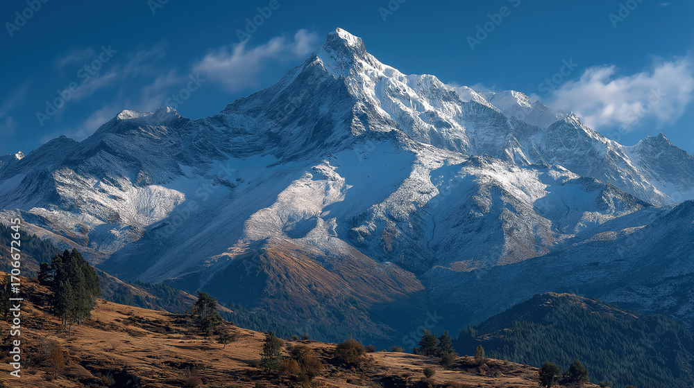 Obraz premium Towering Snow-Capped Mountain with Clouds at Waist, Yellowish-Brown Grassland and Trees, Vast Natural Landscape, Outdoor Travel Wallpaper Design
