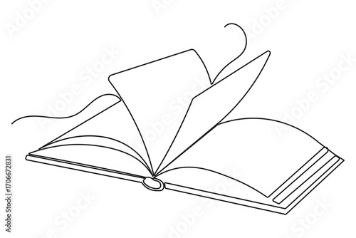 Minimal style open book with flying pages continuous one line drawing isolated sketch