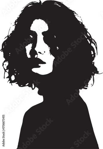 A high-contrast black and white stencil of a woman with short, messy hair and a partial shadow