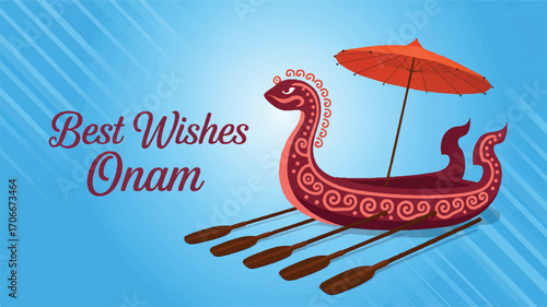 A celebratory vector graphic for the Onam harvest festival featuring a traditional Kerala race boat with a decorative parasol and oars