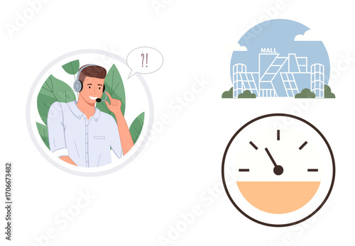 Customer service agent with headset, speech bubble, shopping mall facade, and a speedometer. Ideal for customer care, retail, performance, workload, efficiency productivity and communication