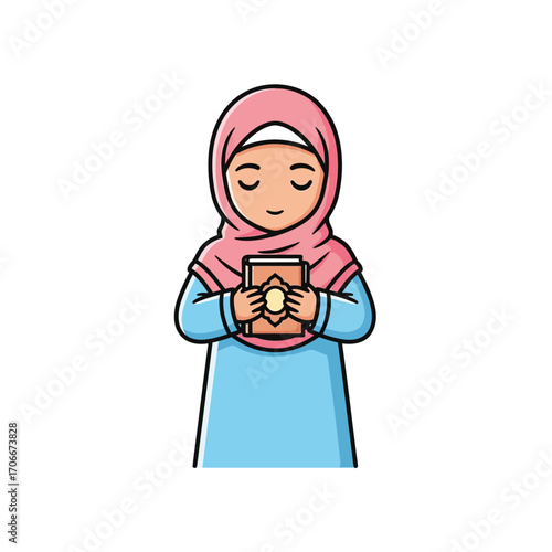 A serene young Muslim girl in a pink hijab holding the holy Quran, a peaceful illustration of Islamic faith and devotion for religious concepts