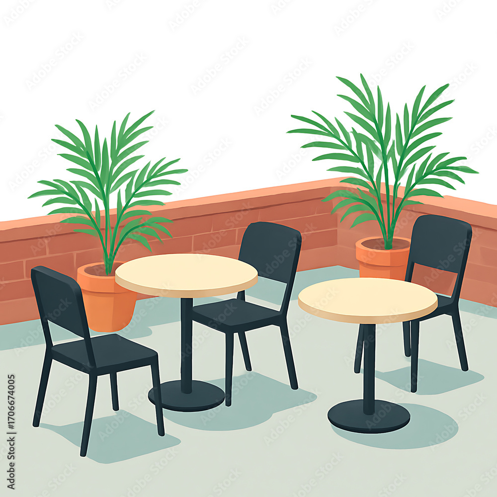 Fototapeta premium Cartoon garden gazebo with circular bench and potted trees. Ideal for outdoor relaxation and tranquil backyard settings