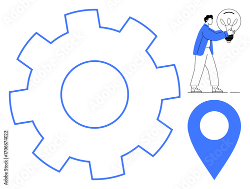 Gear highlighting system efficiency, person holding lightbulb for innovation, and location marker for navigation. Ideal for teamwork, creativity, innovation, navigation, productivity, strategy