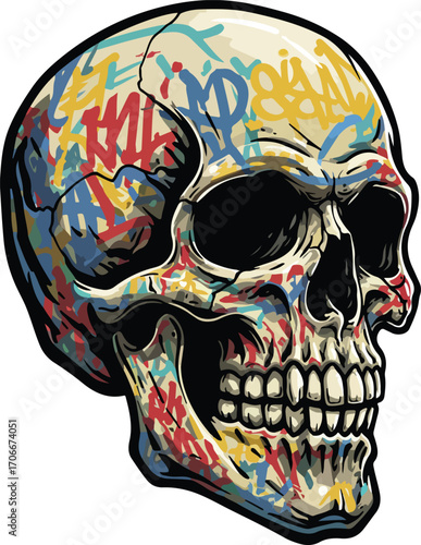 A detailed illustration of a human skull covered in colorful, abstract graffiti-style markings