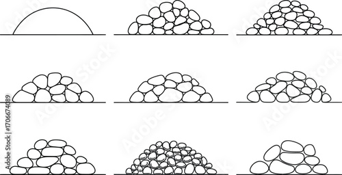 Nine illustrations of piles of stones, from simple to complex