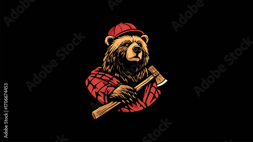 illustration of bear hold an axe, logo design for cutting tree brand company