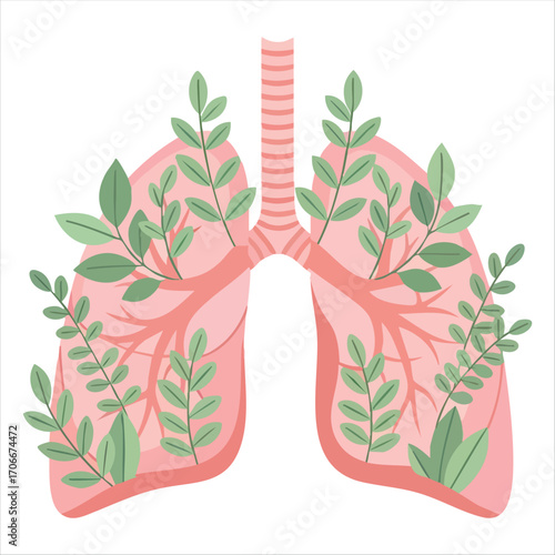 Illustration of lungs adorned with green leafy branches