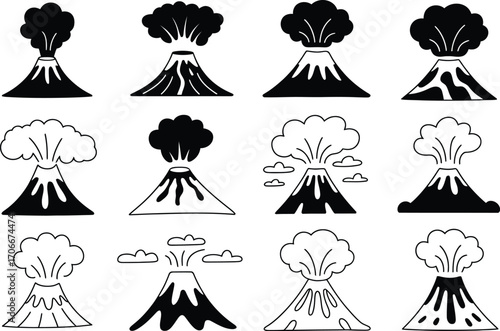 Collection of Volcano Eruption Icons in Black and White
