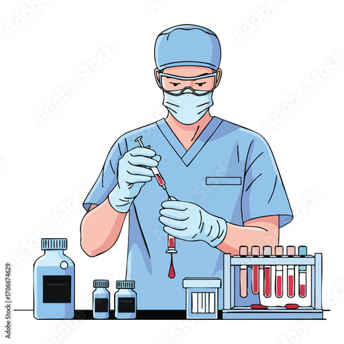 Lab worker in mask and scrubs draws blood into a syringe from a vial on a lab bench with vials and test tubes