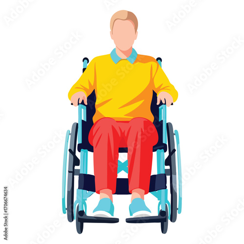 Man in wheelchair facing forward Yellow sweater red pants blue shoes blond hair faceless