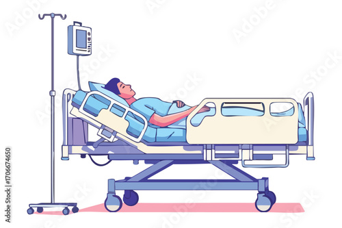 Patient in hospital bed with IV pole