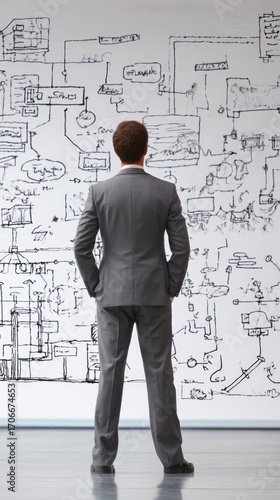 Strategic Vision: A sharply dressed executive contemplates a complex blueprint, embodying strategic thinking and problem-solving expertise.