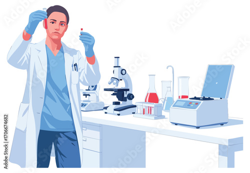 Scientist in lab coat examines vials amidst equipment like microscopes beakers and a centrifuge