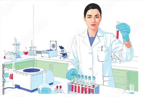 Scientist in lab coat holds red liquid vial surrounded by lab equipment