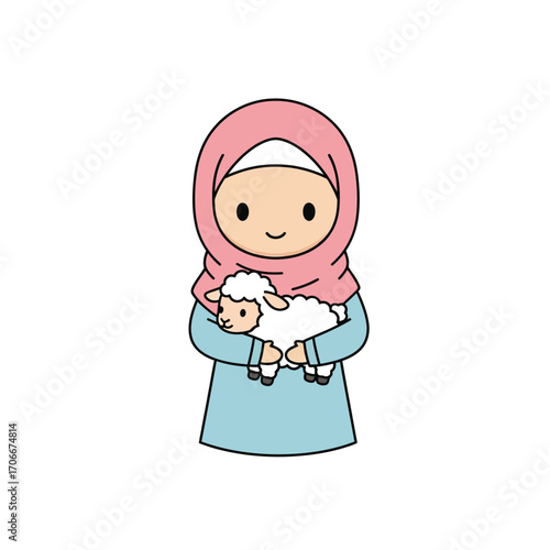 Adorable cartoon illustration of a young Muslim girl in a pink hijab holding a small, cute lamb for the Eid al-Adha celebration