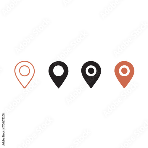 Four different map pin icons, each with a unique design and color, arranged horizontally on a white background.