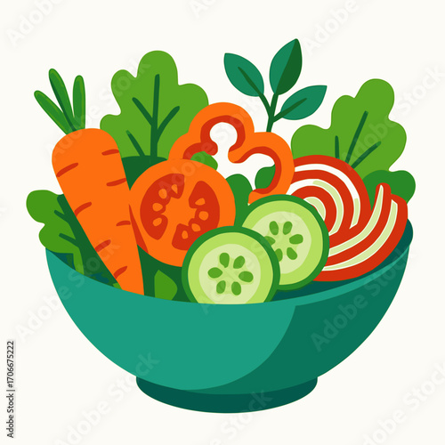 A vibrant vector illustration of a fresh vegetarian salad bowl filled with colorful vegetables, solid colors, white background