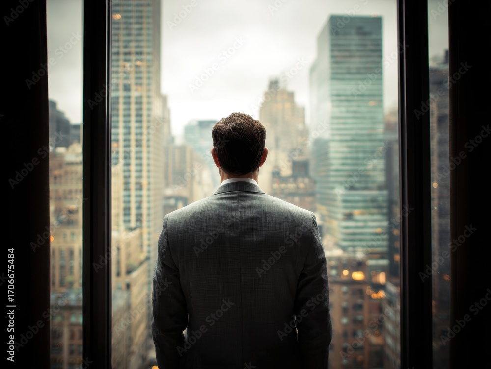 Fototapeta premium Visionary Above the Cityscape: An ambitious individual gazes out a panoramic window upon a towering cityscape. It is an embodiment of aspiration and looking at future.