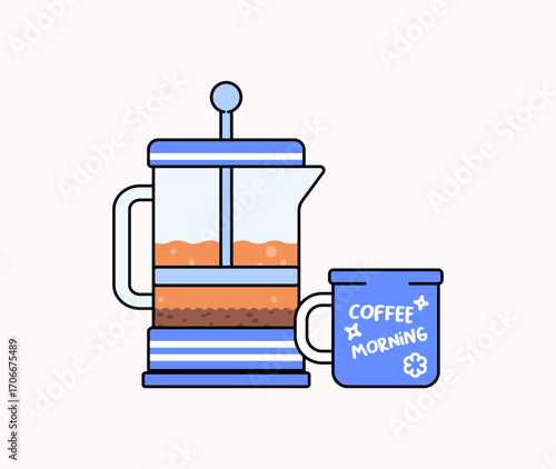 Flat vector illustration of a french press coffee maker filled with coffee and a blue mug with coffee morning text. Perfect for cafe branding, breakfast themes, beverage concepts, and lifestyle design