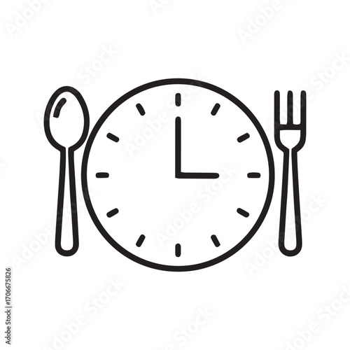 Meal Time Icon, Intermittent Fasting Symbol. Clock with Spoon and Fork for Diet Schedule, Vector Illustration.