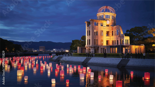 Hiroshima Peace Memorial Illuminated at Dusk with Floating Lanterns on the Ota River, Commemorating Peace and Remembrance in Japan