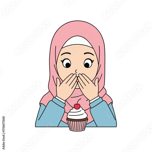 Cute cartoon illustration of a Muslim girl in a pink hijab expressing surprise and delight at a delicious frosted cupcake with a cherry on top