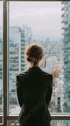 Contemplation Amidst the Metropolis: A woman stands gazing out of a large window, the cityscape sprawling before her, representing aspiration, determination, and the pursuit of dreams.
