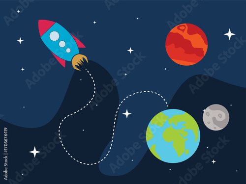 Spaceship or rocket traveling from Earth through space with stars in the background and planet Mars and the moon around. vector illustration