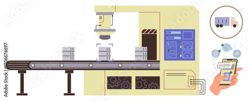 Assembly line with packages on conveyor, robotic scanner, control panel, and hand with a phone managing logistics. Ideal for technology, automation, logistics, smart tracking, production supply