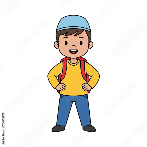 A happy cartoon Muslim boy student character wearing a kufi and carrying a red backpack. Isolated vector illustration of a child ready for school