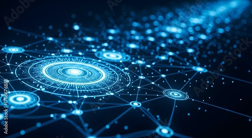 Electric Blue Digital Network: A 3D Render of an Intricate, Glowing Web of Connected Nodes, Circles, and Lines Against a Deep Blue-Black Backdrop, Evoking Advanced Technology and Futuristic Design!