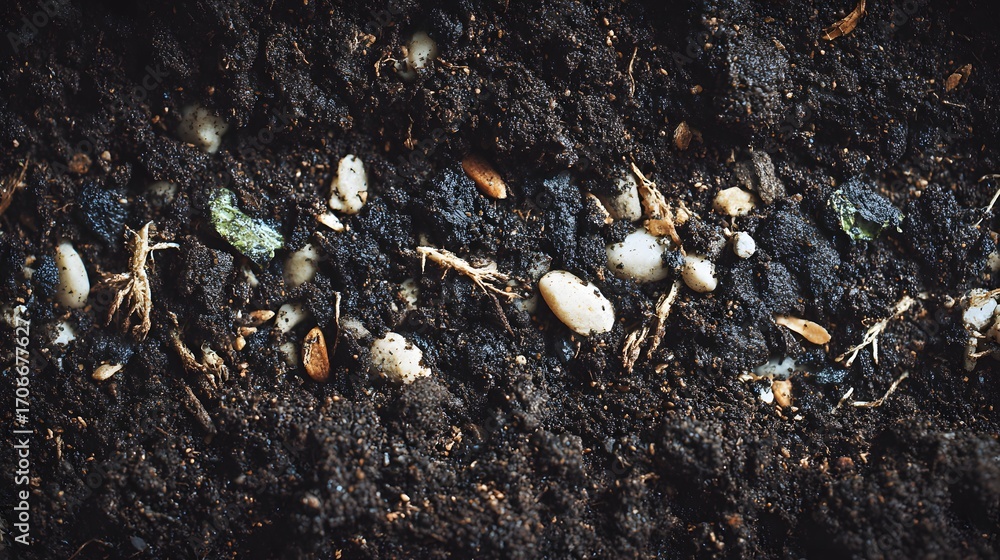 Fototapeta premium Top view soil texture with small roots and pebbles.