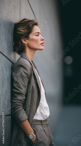 Serene Contemplation: A woman dressed in a business attire finds solace and quiet introspection, leaning against a sleek urban structure, a scene exuding confidence and serenity.