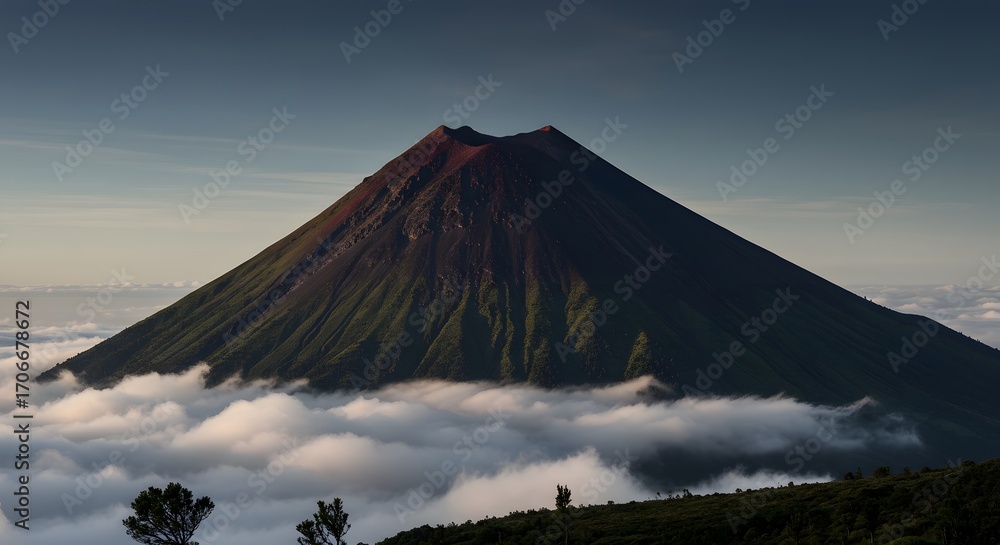 Fototapeta premium Majestic Volcano Mountain Peak Surrounded by Clouds During Daytime
