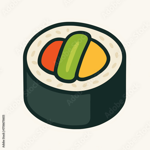 A sleek vector illustration of a vegetarian sushi roll with vibrant ingredients, solid colors, white background