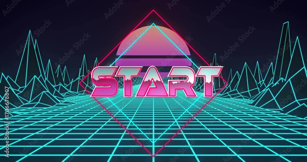 Fototapeta premium Showing bold pink START lettering hovering over virtual wireframe grid, with pastel sun and diamond
