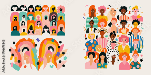 Diverse group of women and abstract colorful shapes representing unity and community