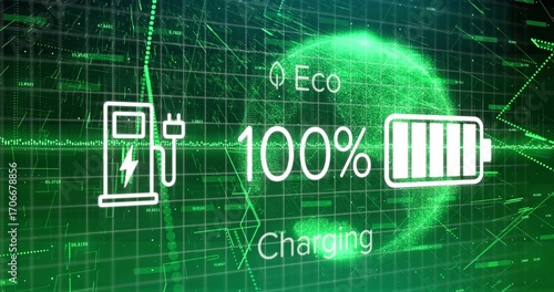 Displaying eco-charging interface glowing on holographic grid, with station icon and battery symbol