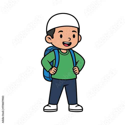 Vector illustration of a smiling Muslim boy ready for school. Cute cartoon child character wearing a taqiyah cap and carrying a backpack