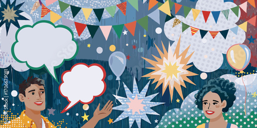 Diverse people celebrating with colorful party decorations and speech bubbles for communication