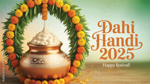 Dahi Handi 2025 A vibrant digital illustration celebrating the joyous festival with marigold flowers and a pot of butter