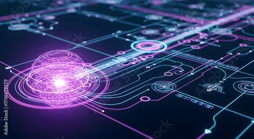 Futuristic Network Algorithm: A Luminous 3D Rendering of Interconnected Nodes and Glowing Data Streams Emanating from a Magenta Orb in a Complex, High-Tech Digital Realm!