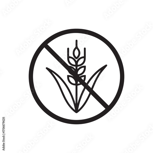 Gluten-Free Icon Vector, No Wheat Allergy Symbol. Celiac Diet Food Product Label, Black Line Art Isolated on White Background.