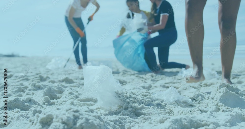 Fototapeta premium Volunteers collecting plastic debris on beach, with translucent bag fragment using gloves
